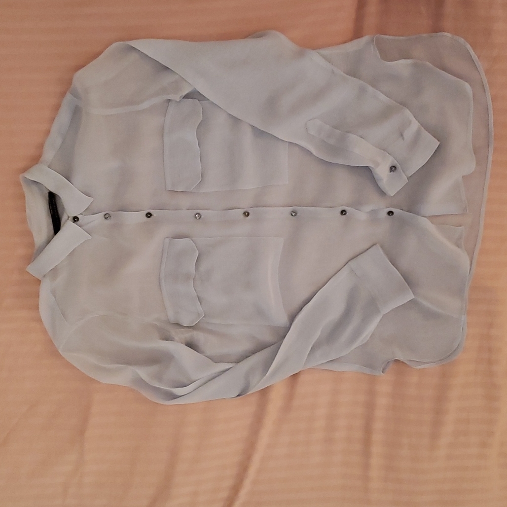 Zara studio silk cotton baby blue sheer blouse shirt M